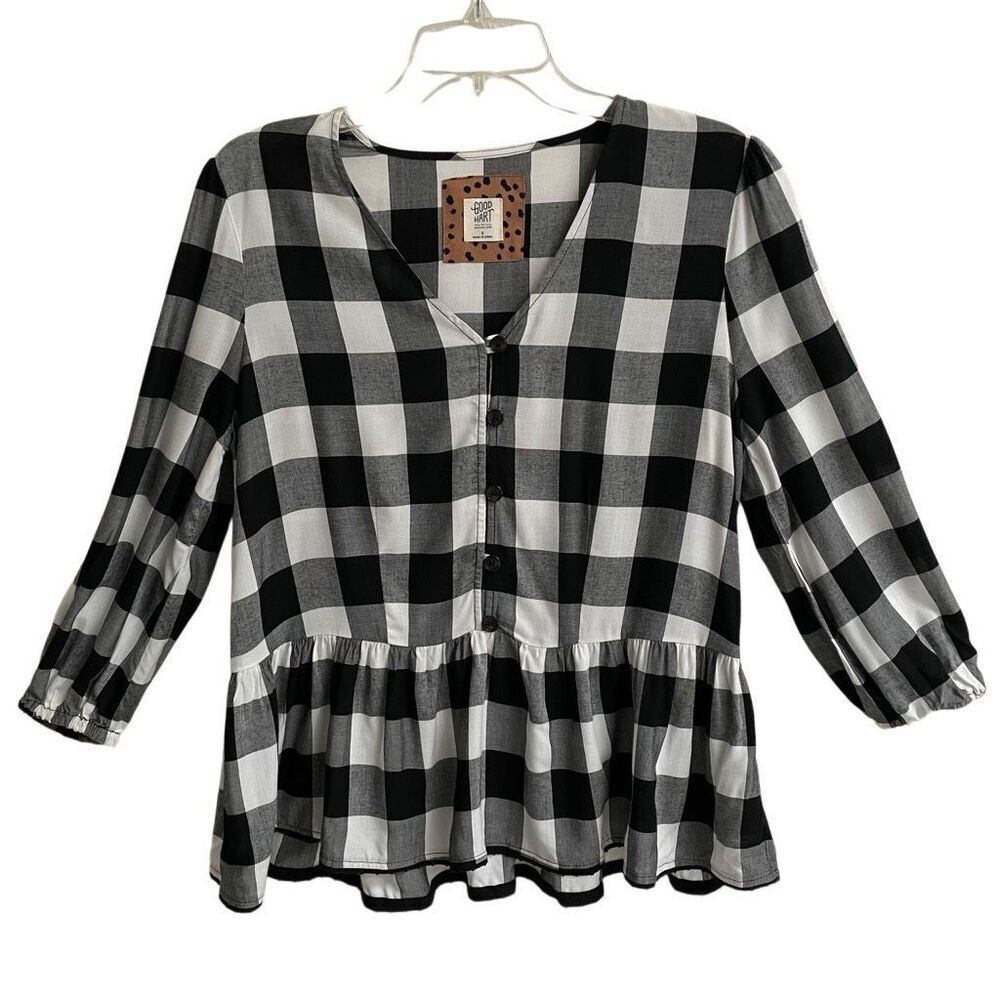 Matilda Jane Good Hart Belmont Top Women’s Black & White Plaid‎ Peplum Blouse￼